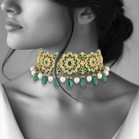 Floral Polki Choker with Green Talaf, Emerald & Pearl Drops